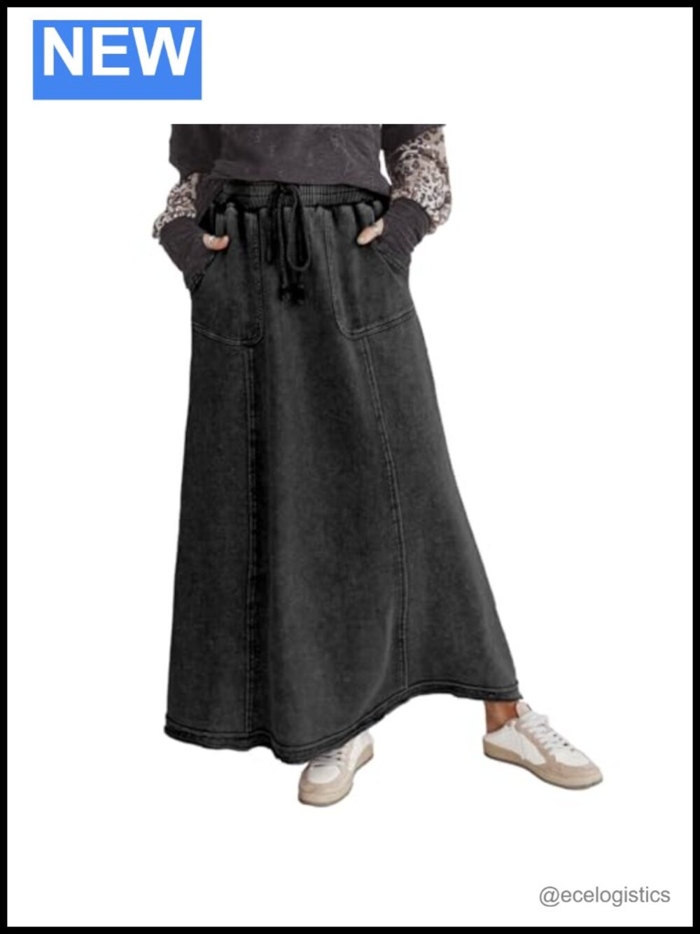 Women's Acid Wash Maxi Skirt A-Line Cotton Flowy High Rise Drawstring Boho with